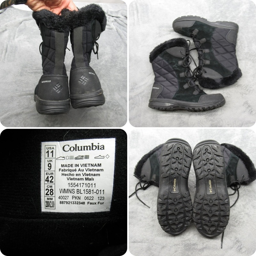 Columbia Winter Boots Women 11 Black Suede Waterproof Insulated Faux Fur Trim